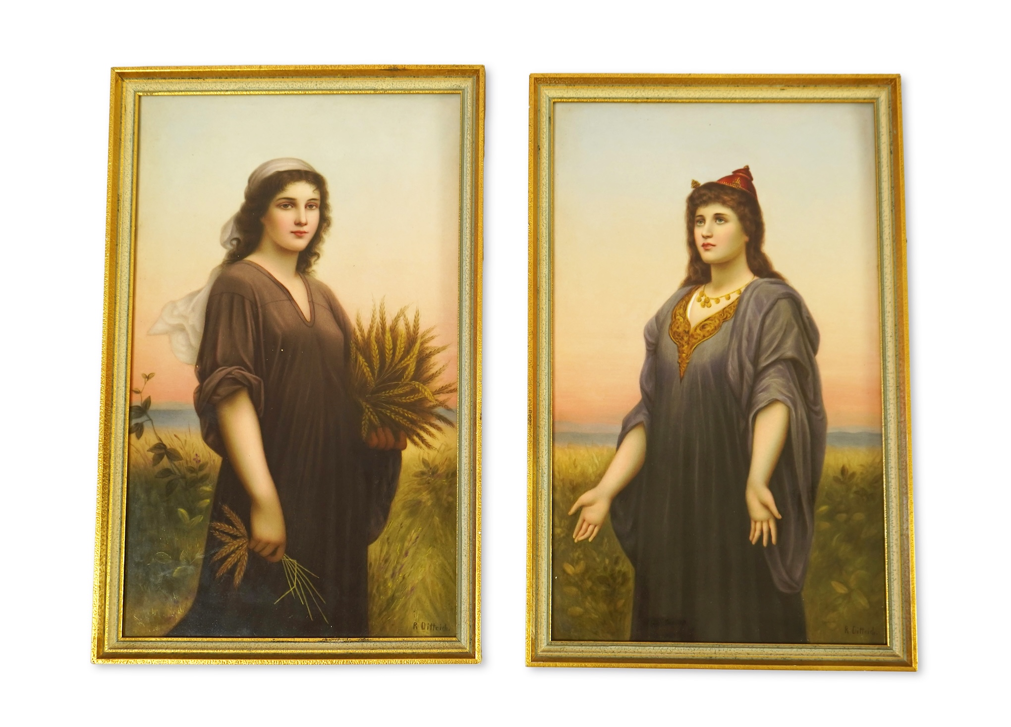A pair of KPM Berlin porcelain plaques; Ruth and Esther